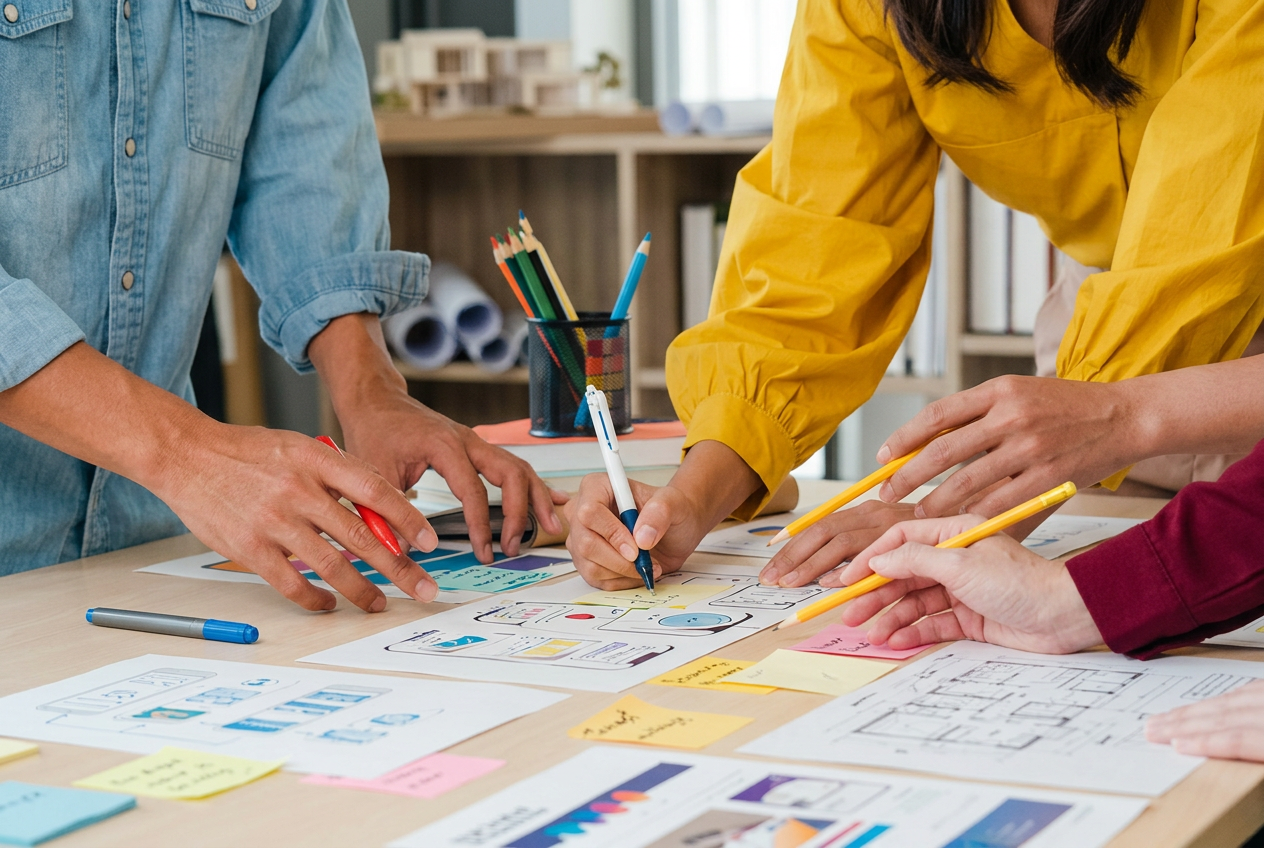 Team collaborating on design sketches