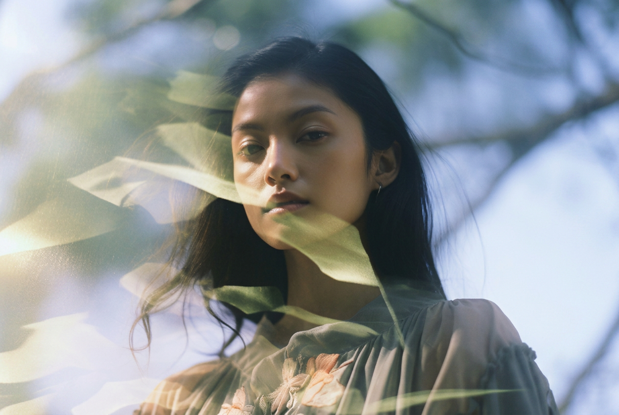 Woman looking thoughtfully through leaves