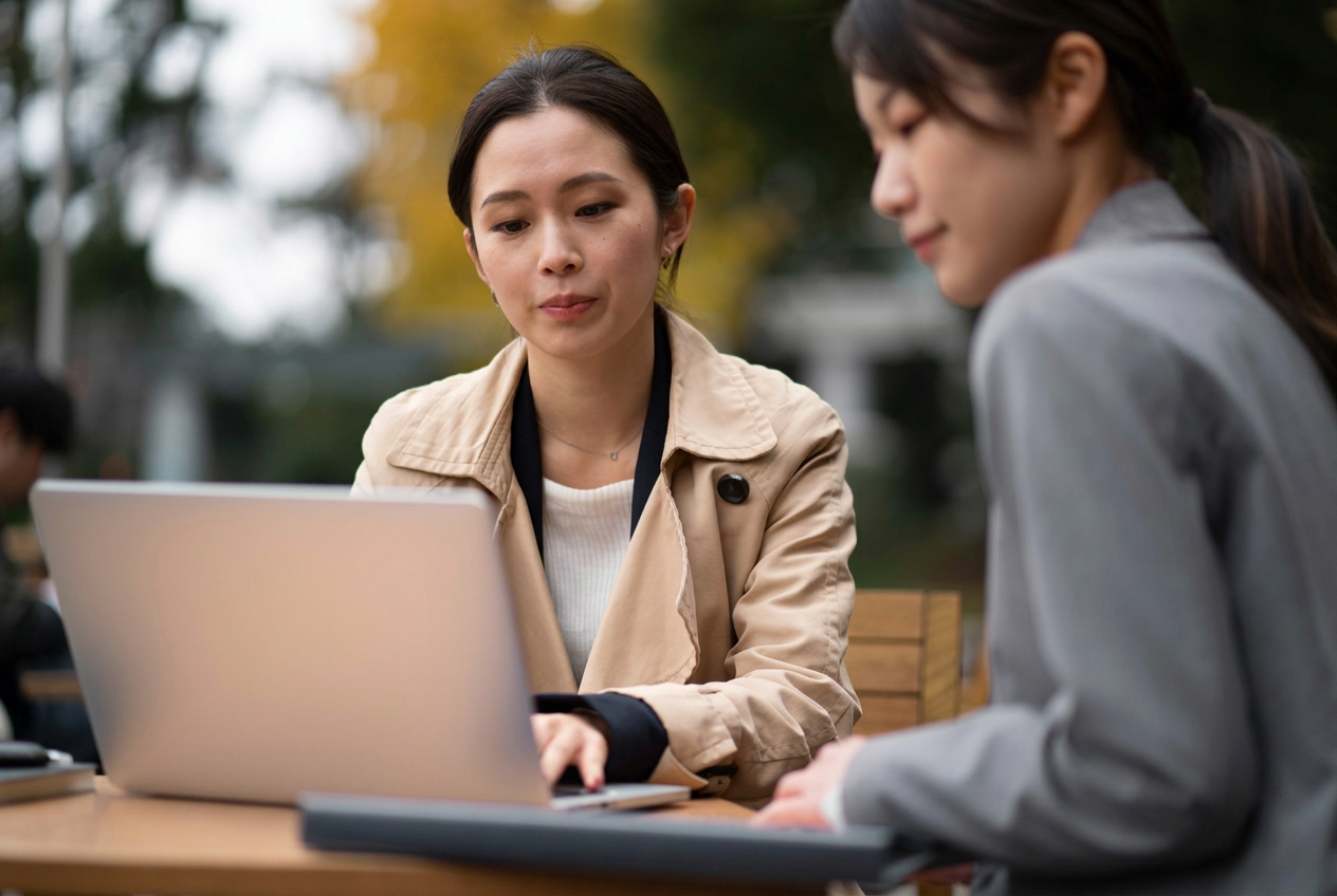 Two professionals collaborating outdoors